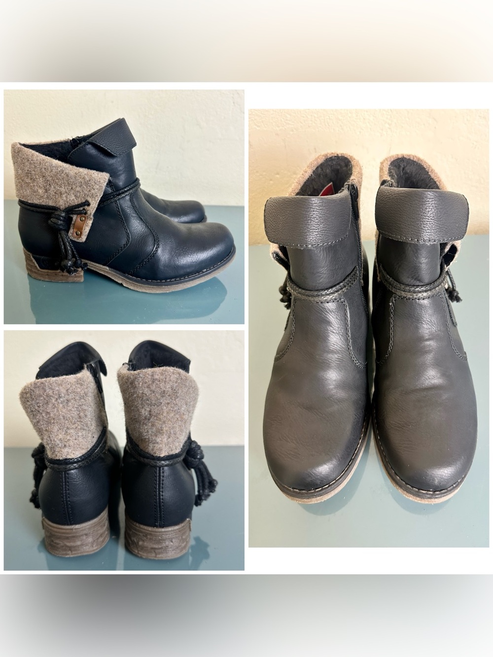 Rieker Fee 93 Ankle Boots Booties Black Leather w Wool Felt Trim Sz 39 EU 8.5 US